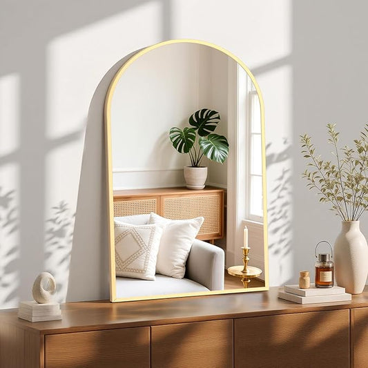 NEWBULIG 24X36 Inch Arched Bathroom Mirror for Wall, Vanity Bathroom Mirrors for Over Sink Tempered Glass, Anti-Rust Arched Metal Framed, Hangs Horizontally or Vertically, Farmhouse Home Decor, Gold