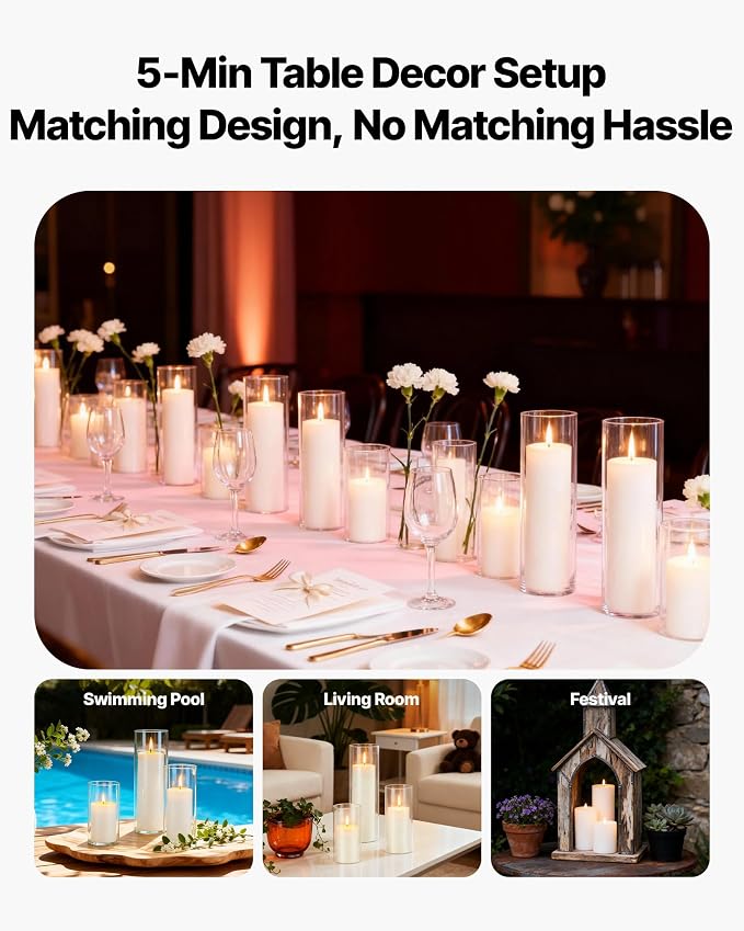 VEVOR Pillar Candles and Glass Vases Set 36 Pcs, Clear Cylinder Hurricane Candle Holders for Wedding Centerpieces, Tall Vase for Table Decor, Wedding Party, Thanksgiving,White (2.56" x 4.7",5.9",7.9")