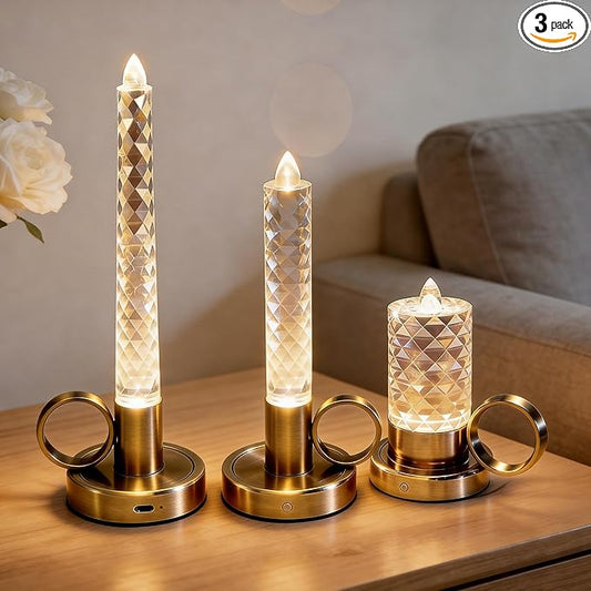 JandCase Flameless Candles Set, Rechargeable Pillar Candles Battery Operated, LED Acrylic Crystal Tapered Candle, 0.4W Dimmable Small Cordless Table Lamp for Valentines Wedding Centerpiece Decorations