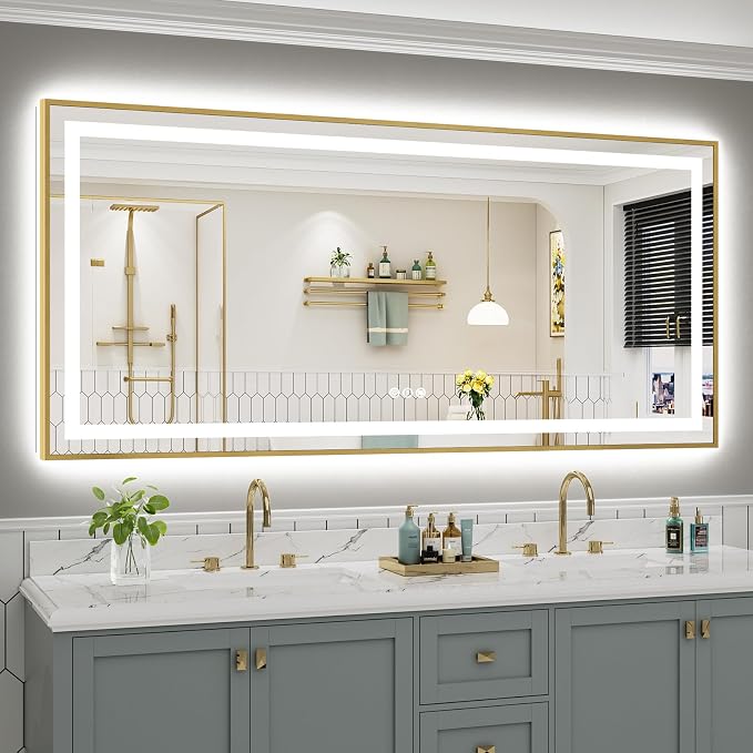 77x36 Inch LED Bathroom Mirror with Gold Frame, Backlit & Front Lit, Anti-Fog Lighted Bathroom Vanity Mirror for Wall, Memory Function, Dimmable, HD Tempered Glass, Shatter-Proof