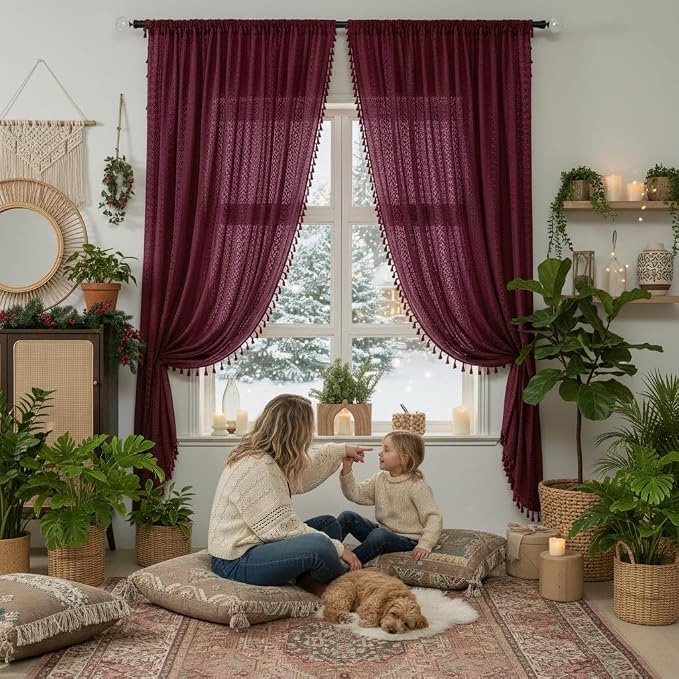 WAZZIO Boho Lace Curtains 63 Inches 2 Panel,Light Filtering Privacy Tassel & Geometry Crochet Semi Sheer Curtain Drapes for Bedroom Living Dining Room,Rod Pocket & Tassel,Burgundy Red