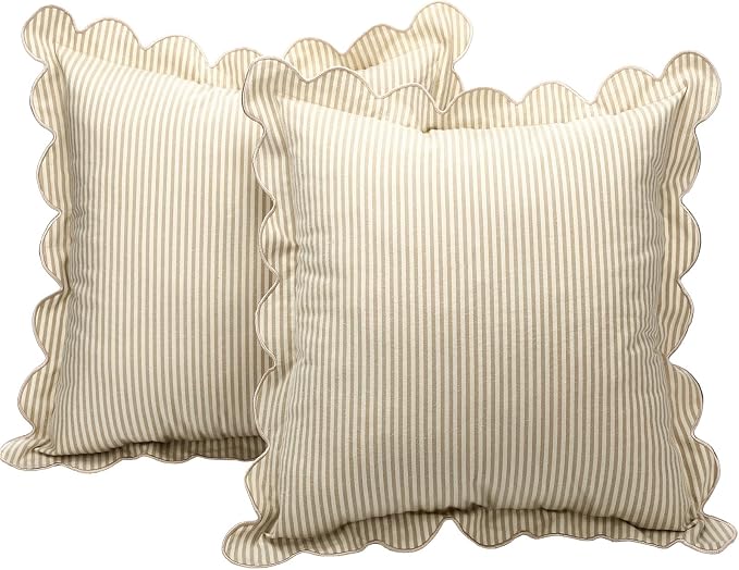 Newwiee 2 Pack Scalloped Pillow Cover 20 x 20 Inch Beige Stripe Throw Pillow Cover Cotton Decorative Pillowcase for Women Men Couch Living Room Cushion Indoor Outdoor Decoration