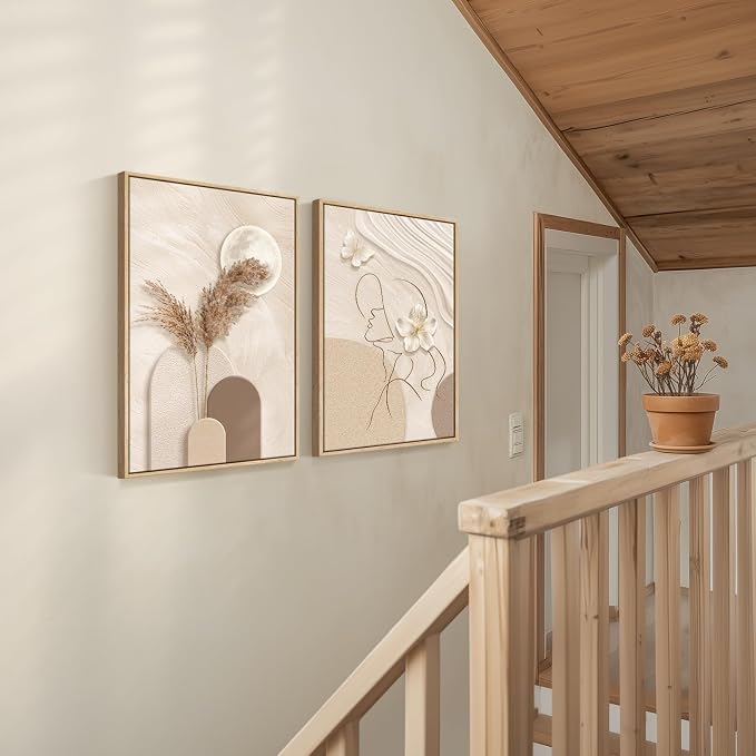 Large Framed Neutral Abstract Wall Art for Living Room, Set of 2 Modern Warm Beige and Taupe Canvas Artwork for Walls, Woman Silhouette Paintings Prints Wall Decor for Bedroom Home Office, 20x30 Inch