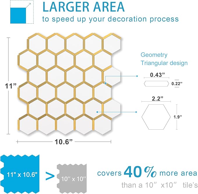 10-Sheet Hexagon Peel and Stick Backsplash Tile Polished White Tile Look Mixed Gold Kitchen Backsplash Peel and Stick Wall Tiles