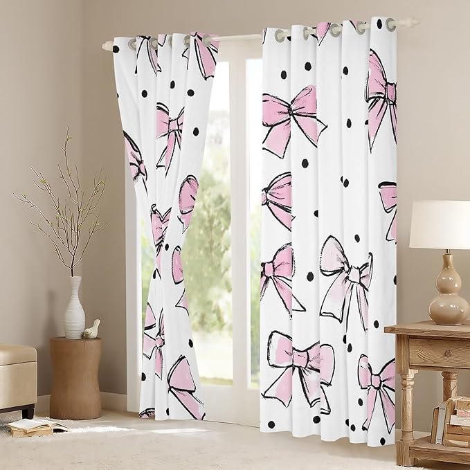 Erosebridal Kids Bow Window Treatments Pink Kawaii Bow 52" Wx84 L Window Curtain for Girls Teen Women Room Decor,Watercolor Bowknot Curtain Black Wave Point Curtains & Drapes