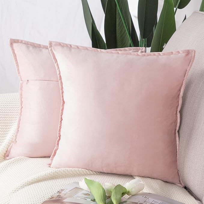 MADIZZ Set of 2 Super Soft Velvet Decorative Throw Pillow Covers 16x16 inch Light Pink Square with Fringe Luxury Style Cushion Case Pillow Shell for Sofa Bedroom