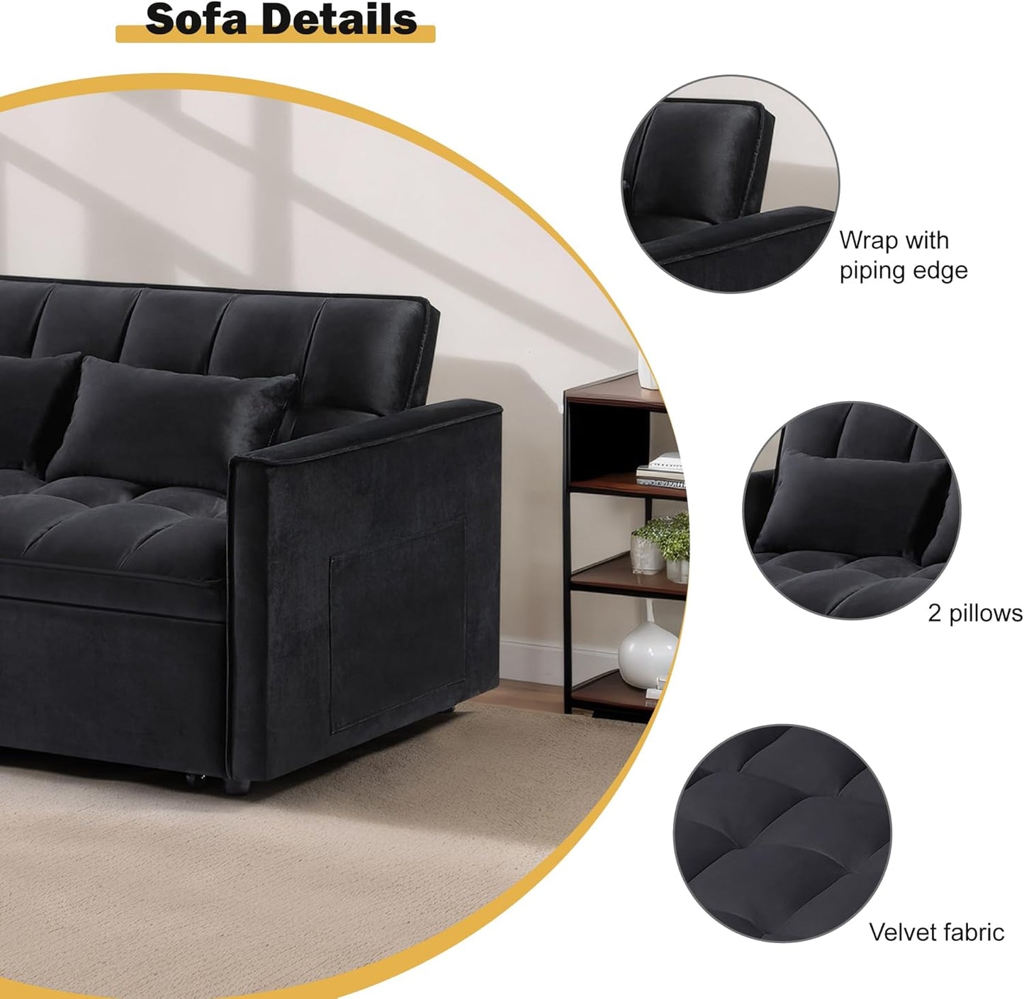 3 in 1 Convertible Sleeper Sofa Bed, Velvet Pull Out Sofas Beds with Side Pocket, 54” Adjustable Backrest Futon Sofa Bed, Love Seat Sleepers Couch for Living Room, Bedroom, Small Space, Black
