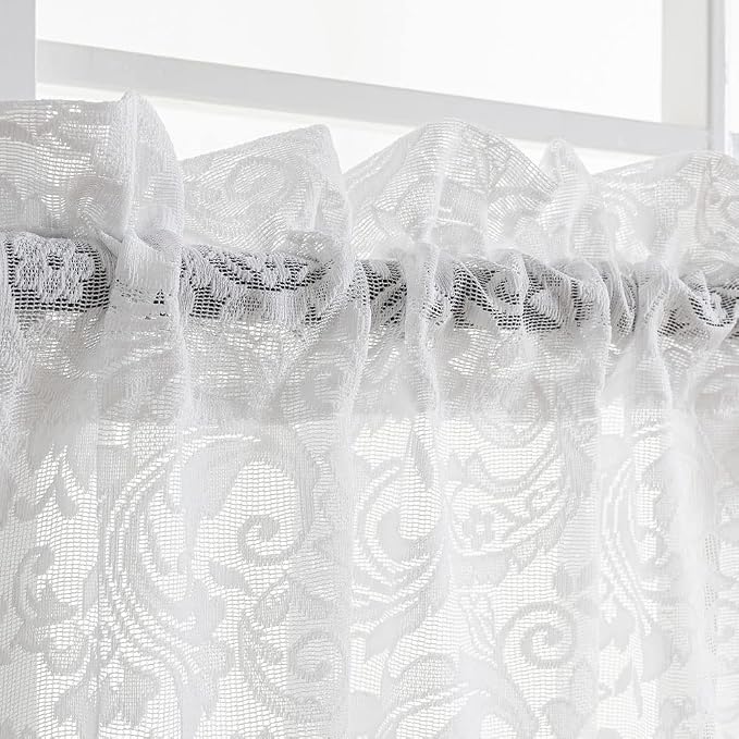 ALIGOGO Lace Kitchen Curtains 36 inches Length 2 Panels - Retro White Kitchen Window Curtains Over Sink Lace Curtain Short for Small Window Bathroom Window Cabinet Laundry Room Decor 26W x 36L
