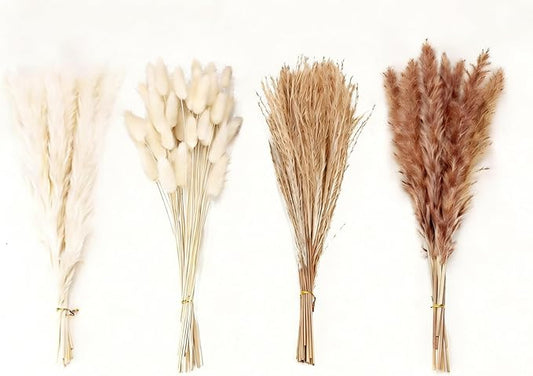 100 Pcs Natural Dried Pampas Grass & White Bunny Tails, 17" Fluffy Boho Decor for Wedding Centerpieces, Farmhouse Home Arrangements | Long-Lasting Low-Shed Dry Flowers