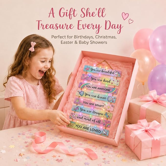 Cute Unicorn Room Decor Set of 8 with Led Light for Teen Girls Kids Toddler, Preppy Inspirational Rainbow Wood Nursery Wall Decor for Dorm Bedroom, Dreamy Cozy Chic Motivational Princess Room Decor