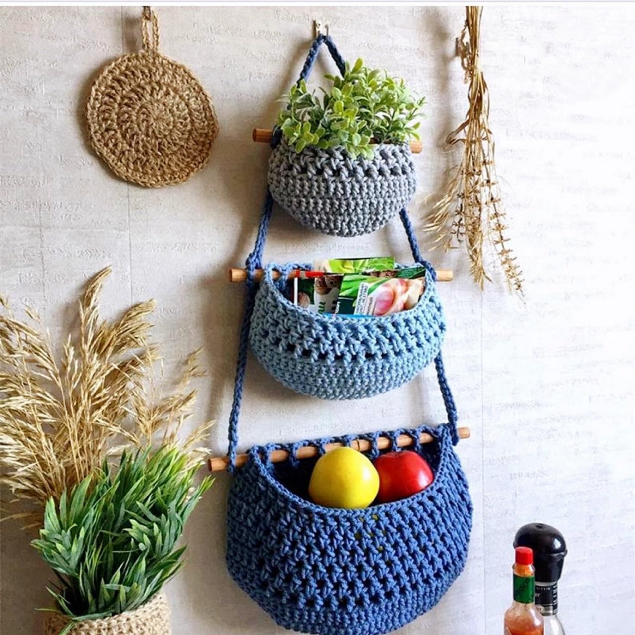 Hanging Fruit Basket, 3 Tier Cotton Macrame Produce Basket for Kitchen, Indoor Planter Hangers.