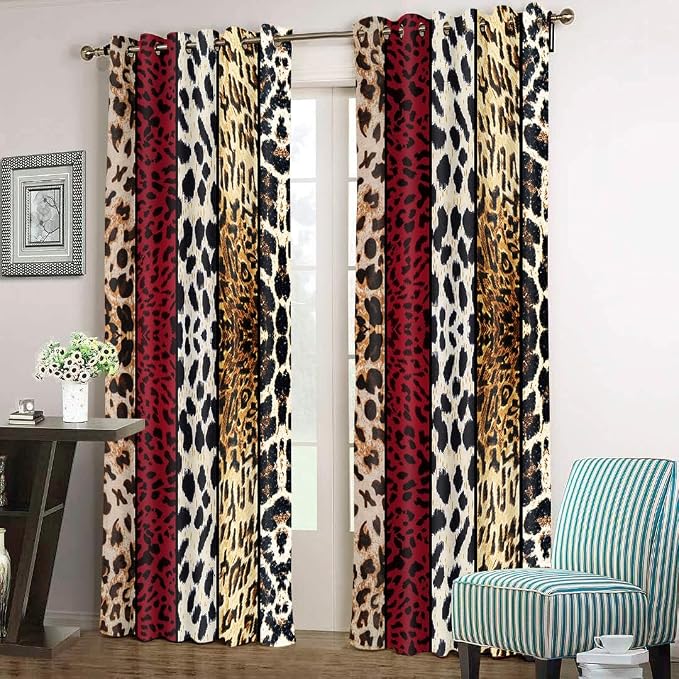 Wild Animal Print Curtain, Room Darkening Thermal Insulated Blackout Leopard Boa Window Drapes with Grommets for Living, Dining, Bedroom, Red Leopard Print, 52"x 90", 2 Panels