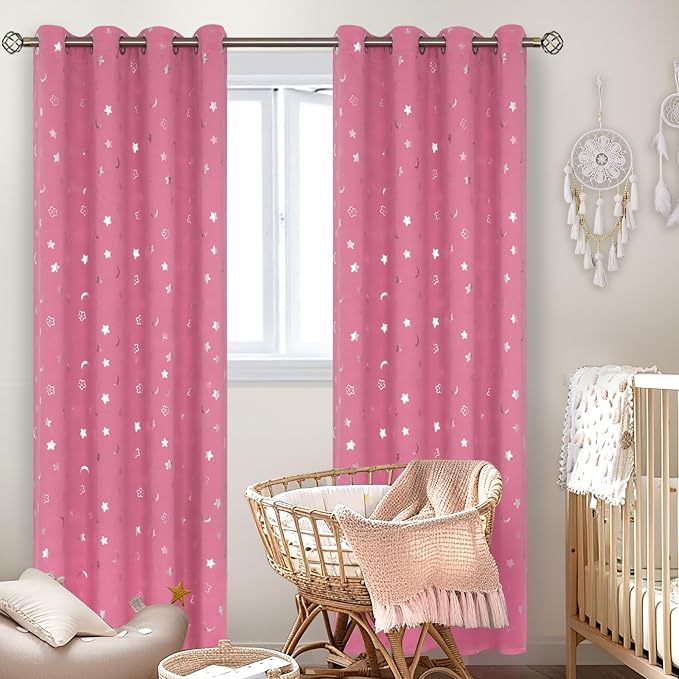 BGment Blackout Curtains for Nursery, Room Darkening Thermal Insulated Window Curtains for Kids Room, Noise Cancelling Heat Insulation Star and Moon Curtains for Bedroom, 2 Panels, Pink, 52 x 72 Inch