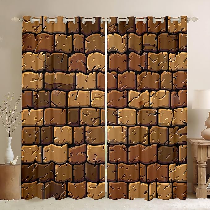 Castle Fairy Miner Square Window Curtains,Pixelated Theme Privacy Blackout Curtain for Window Video Games Shade Windows Covering for Bedroom Brown Pixel Style Drapes 2 Panels,52Wx90L