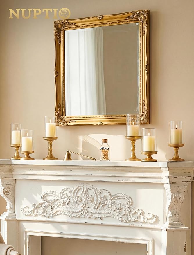 NUPTIO Hurricane Glass Candle Holders: Gold Pillar Candle Stand with Open Ended Chimney - Set of 3 Metal Candleholder for Fireplace Dining Table Centerpiece
