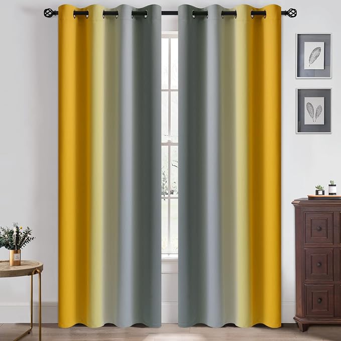 Yakamok Ombre Yellow and Grey Curtains for Bedroom, Gradient Room Darkening Curtains 84 inches long,Grommet Thermal Insulated Light Blocking Window Drapes/Curtain for Living Room,52 x 84 Inch,2 Panels