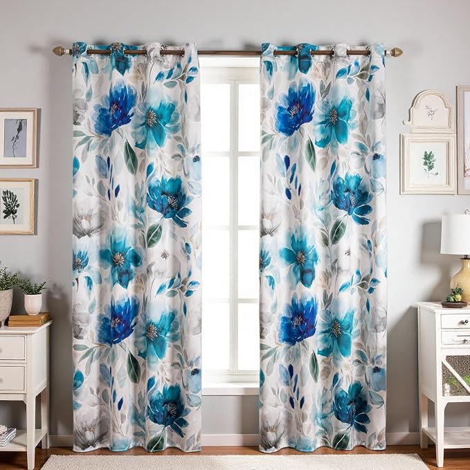 Floral 100% Blackout Curtains 84 Inches Long 2 Panels for Bedroom Vintage Blue Watercolour Patterned Room Darkening Curtain Thermal Insulated Black Out Window Drapes for Living Room, 52x84 inch