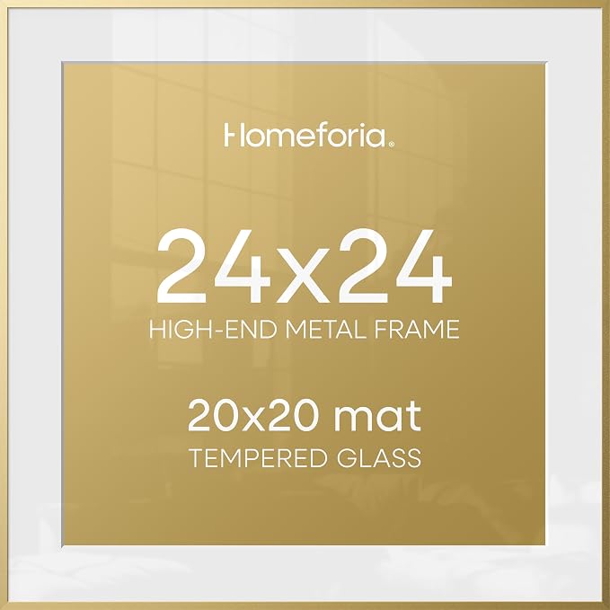 Homeforia 24x24 Gold Square Frame, High End Metal 24 x 24 Large Gold Poster Frames with Mat 20 by 20 for Photo, 24by24 Thin Picture Frame Matted to 20x20 inch Print, Tempered Glass, Wall Kit, Set of 2