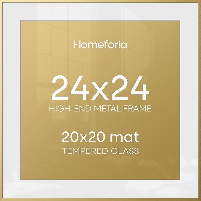 Homeforia 24x24 Gold Square Frame, High End Metal 24 x 24 Large Gold Poster Frames with Mat 20 by 20 for Photo, 24by24 Thin Picture Frame Matted to 20x20 inch Print, Tempered Glass, Wall Kit, Set of 3