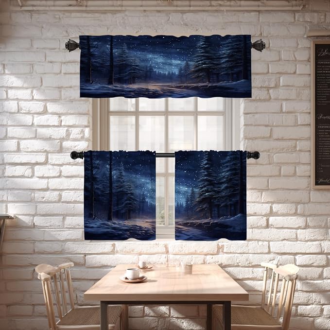 Shrahala Winter New Year Blackout Curtain Tiers, Stars Forests Snow Night Kitchen Valance Light Blocking Tier Drapes with Rod Pocket, 2 Pack 26 X 24 in