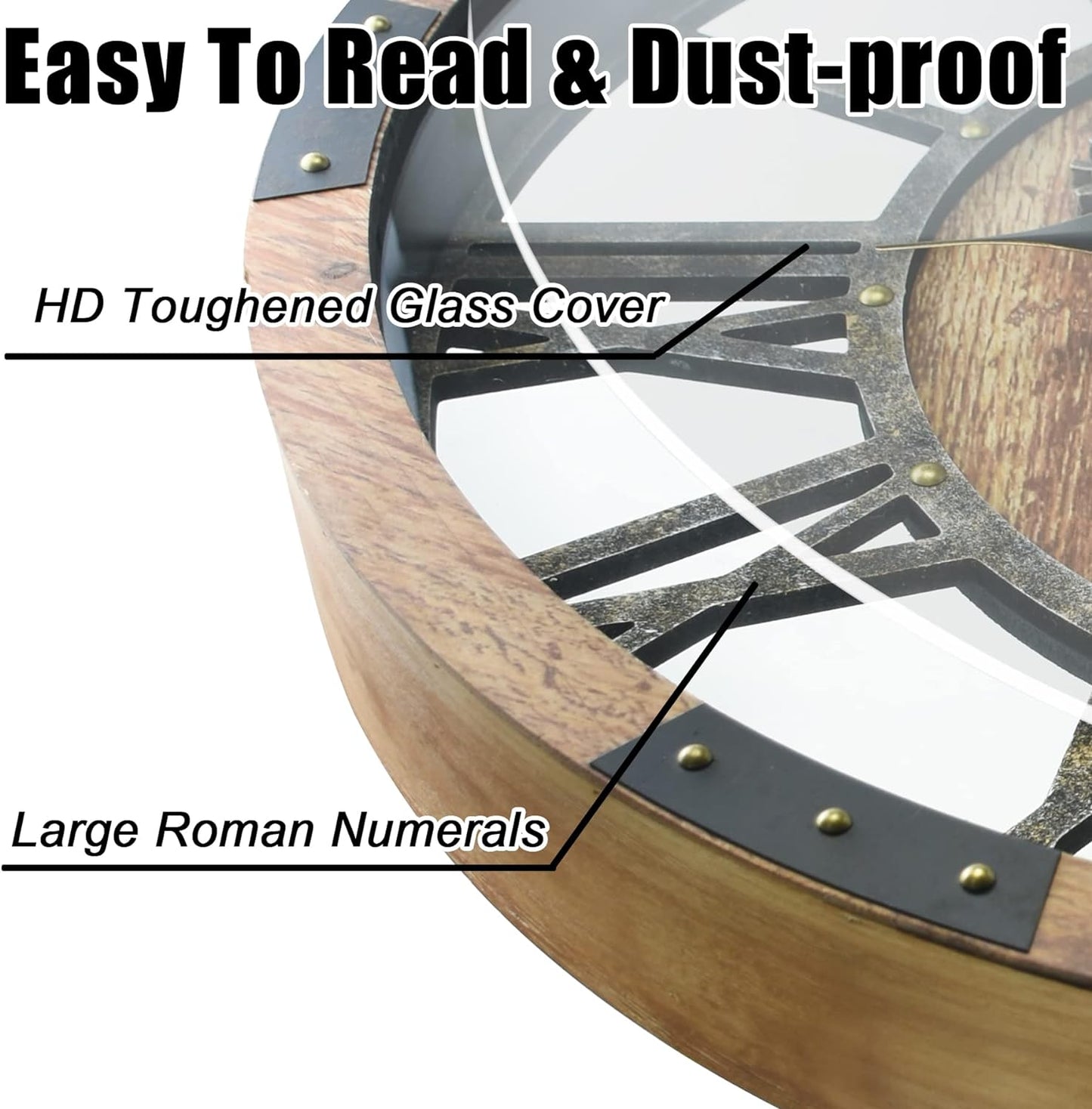 27 inch Large Real Moving Gears Wall Clock with Toughened Glass Cover, Oversized Vintage Solid Wood Farmhouse Clock, Giant Decorative Rustic Wall Clock for Living Room Home Kitchen Office (Brown)