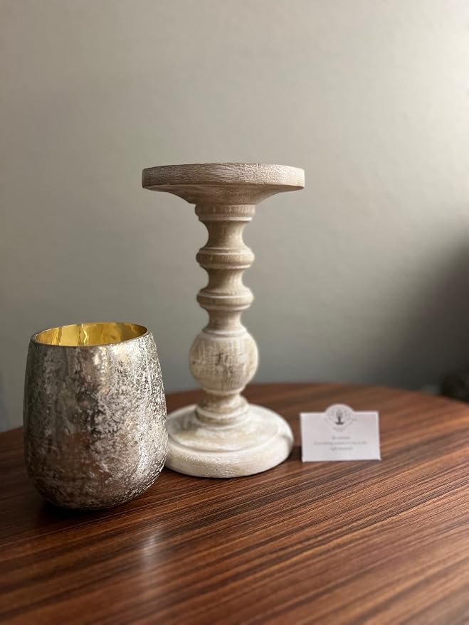 Hosley Set of 2 Antique White Wood Pillar Candle Holders 9 Inch - Wedding Centerpiece Home Decor, Spa Aromatherapy, Events, Gifts