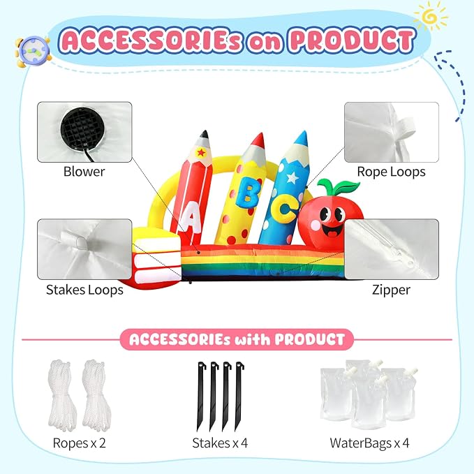 DomKom 8FT Kindergarten Graduation Decorations Crayon Yard,Back to School Inflatable Decoration Red Apple & Book LED Lights Backdrop for 2026 Graduate School Party Decor,Holiday Party Garden Lawn