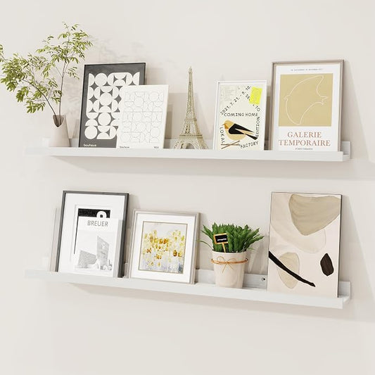 Picture Ledge Shelf, Floating Shelves Set of 2, 32 Inches Solid Wood Nursery Book Shelves for Toys Storage, Kids Bookshelf Wall Mounted for Living Room Bedroom Decor Books Photo Frames, White