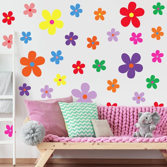TaoBary 12 Sheet Daisy Wall Sticker Decal Removable Cute Daisy Bedroom Room Decor Flower Wall Sticker Pink White Flower Decal Wallpaper Peel and Stick for Nursery Home(Vivid Color,Exquisite Style)