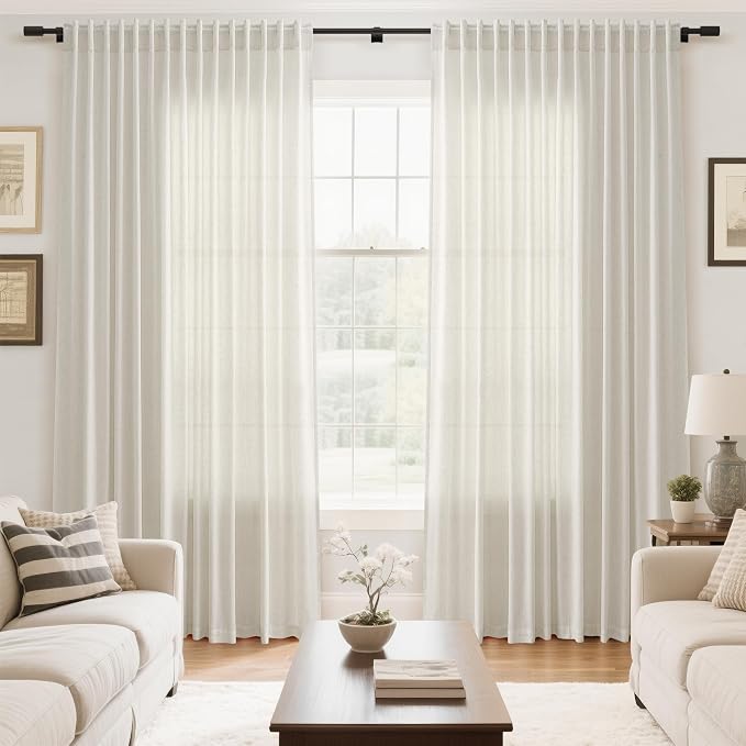 Cream Large Window Curtains Light Filtering Semi Sheer Privacy Linen Textured Curtain for Patio Sliding Glass Door Extra Wide Rustic Farmhouse Drapes for Living Room Bedroom Sunroom 100x90 Inch