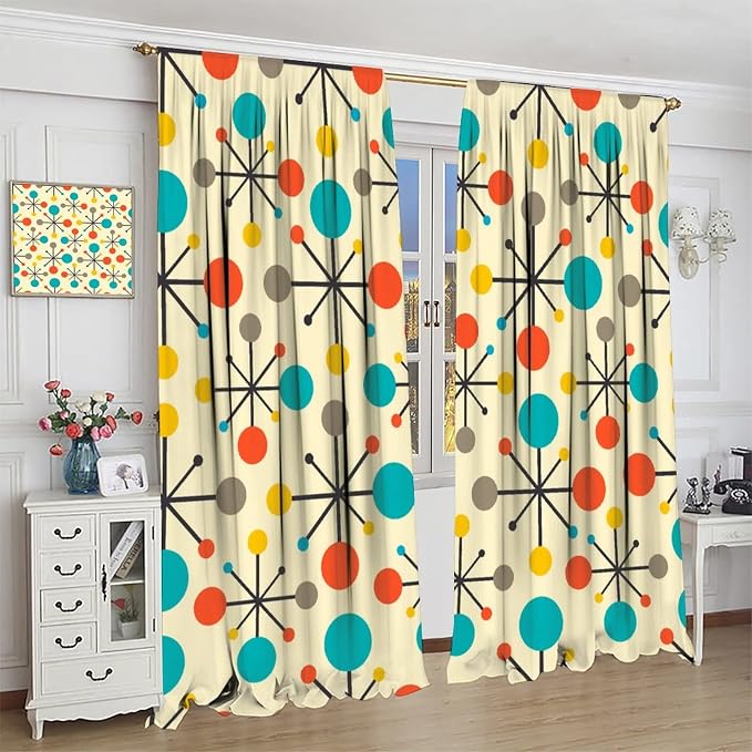 JESTRONRY Mid Century Curtains,Mid Century Fifties Modern Retro Colors Pattern Blackout Rod Pocket Window Drapes for Living Room Bedroom Kitchen Bathroom Home Decor 42x45in