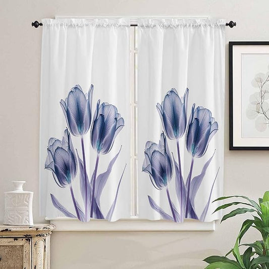 Kitchen Tier Curtains 63 inches Length, Abstract Transparent Flower Tulip Blue Purple Window Curtains for Living Room Bathroom,Rod Pocket Light Filter Drapes Short Half Window Treatment Tiers 2 Panels