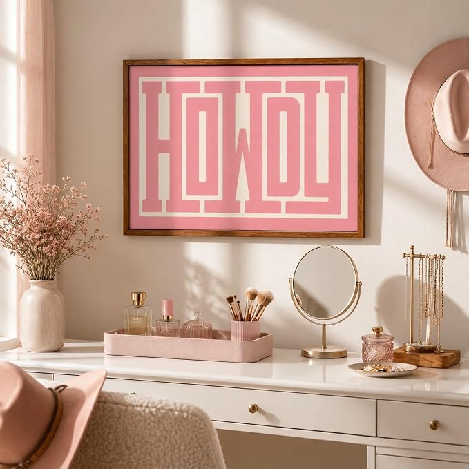 QIYFFBN Framed Pink Howdy Wall Art Western Cowgirl Picture Decor 16x24in | Cream Preppy Canvas Painting,Retro Southwestern Country Prints,Farmhouse Living Room Bedroom For Teen Girls Wall Decor