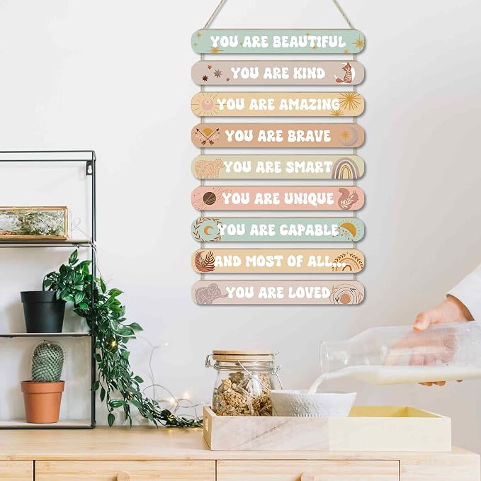 MONALET Boho Inspirational Motivational Wall Art Decor for Girls Room Nursery Baby Kids Playroom Bedroom Door, Positive Affirmations Hanging Wood Signs Decorations, Girly Wooden Plaque, 12x19