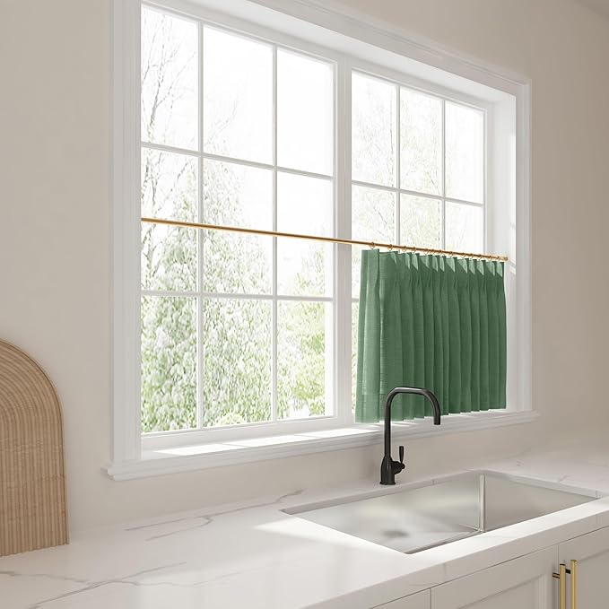 TWOPAGES 26" W x 18" L Linen Blend Cafe Curtains for Kitchen Window, Light Filtering Pinch Pleated Tier Curtains, Modern Farmhouse Half Window Curtains for Small Window, Peacock, 2 Panels