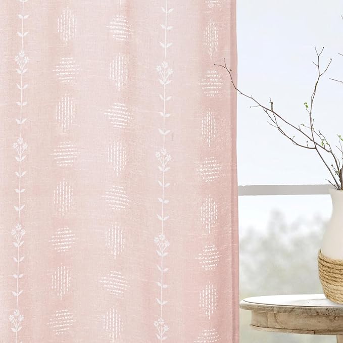 Cute Pink Curtains for Nursery Girl Bedroom,Boho Floral Light Blush Linen Sheer Princess Curtains for Baby Teen Room Decor Aesthetic