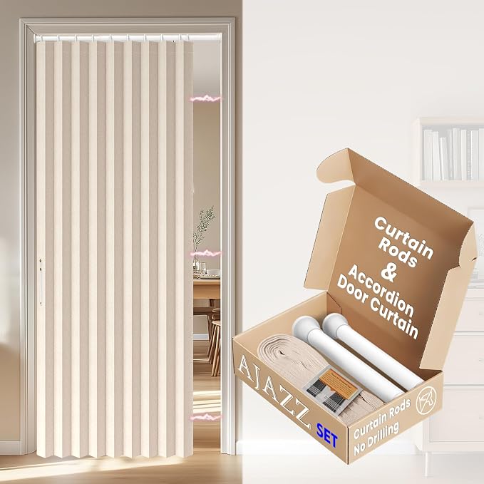 AJAZZ Blackout Door Curtain Magnetic Doorway Curtain Sets Included Rod (1 Pack, 54W x 78 L,Biscotti Beige) Accordion Door Interior Applicable Bedroom Room Living Room