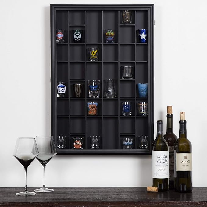 Gallery Solutions - Black Wall-Mounted - Curio & Shot Glass Display Case - 17"x26" Glass Door - Bar Accessories - Collectible - Miniature Glassware - Bar Accessories