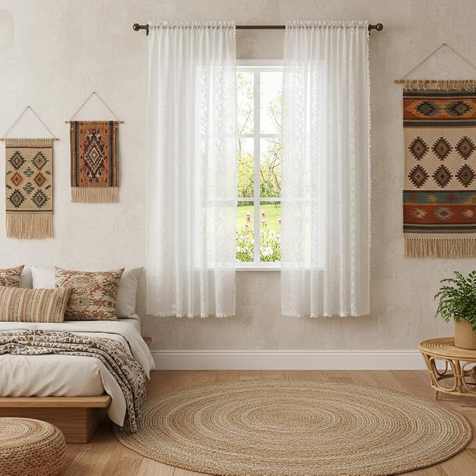 WAZZIO Boho Lace Curtains 2 Panels 45 Inches -Cute Vintage Victorian Sheer Panel Drape French Country Floral Pattern & Tassel Light Filtering Privacy for Bedroom Dining Living Room,White,W52x L45