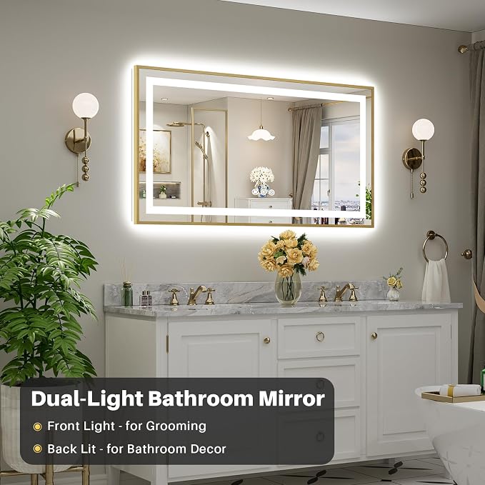 55x30 Inch LED Bathroom Mirror with Gold Frame, Backlit & Front Lit, Anti-Fog Lighted Bathroom Vanity Mirror for Wall, Memory Function, Dimmable, HD Tempered Glass, Shatter-Proof