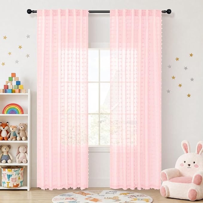 DANCURTON Light Pink Sheer Curtains 90 Inches Long Cute Pom Pom Baby Pink Voile Drapes with Back Tab for Girls Nursery Teen Kids Room Boho Semi Sheer Window Curtains 2 Panels Set for Living Room Decor