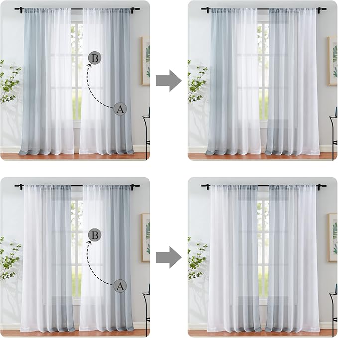 Grey Ombre Sheer Curtains for Living Room Crinkle Gradient Semi Sheer Window Treatments for Bedroom, Light Filtering Chiffon Curtain Drapes for Patio, Office, Kids Room, Rod Pocket, 52"Wx63"Lx2