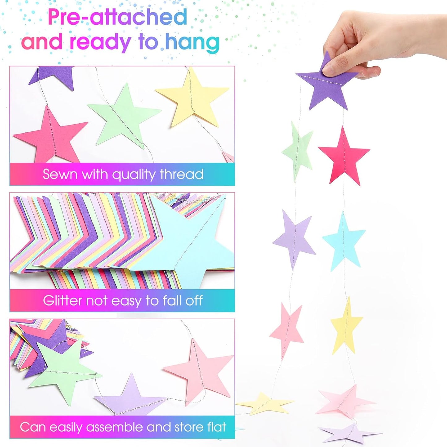 Patelai Glitter Star Garland Banner Decor 130 Feet Star Hanging Bunting Banner Twinkle Backdrop for Homecoming Classroom Wedding Birthday Halloween Christmas Party Supplies(Macaron Color)
