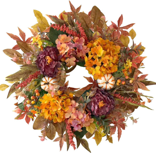 WANNA-CUL 24 Inch Fall Wreaths for Front Door with Hydrangea,Peony and White Pumpkins-Fall Decorations for Home, Fall Door Wreath Decor for Autumn,Harvest, Halloween or Thanksgiving