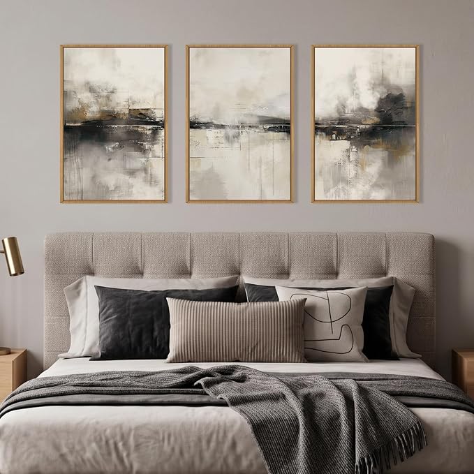 HOURIA Large Abstract Neutral Beige & Black Framed Canvas Wall Art Set,Modern Minimalist Brown Wall Decor,Textured Gray Tan Illustrations Artwork for Living Room, Bedroom, Farmhouse- 24"x36"x3