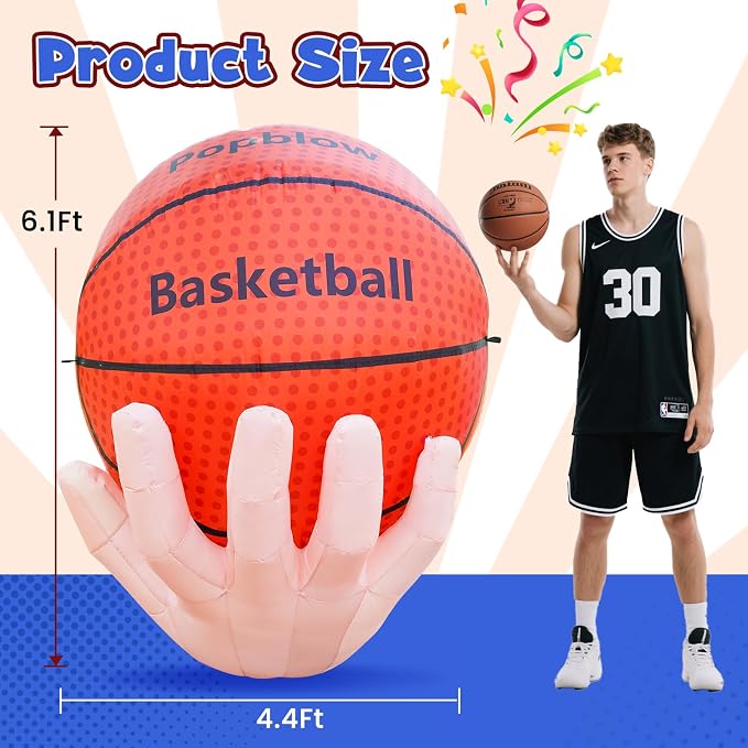 Popblow 6Ft Tall Large Inflatable Basketball Theme Party Decorations, Blow Up Basketball Sports Activities Supplies with Built-in 10 LED Light, Basket Ball Inflatable for Outdoor Yard
