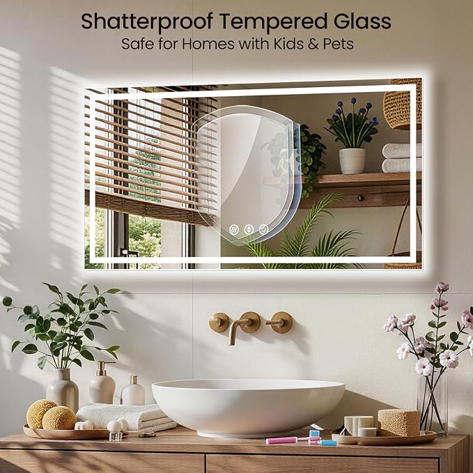 48X32 LED Bathroom Mirror with Lights, Anti-Fog, Backlit + Front Lit (CRI>90), Lighted Bathroom Vanity Mirror for Wall, Memory Function, Dimmable, Tempered Glass, Shatter-Proof