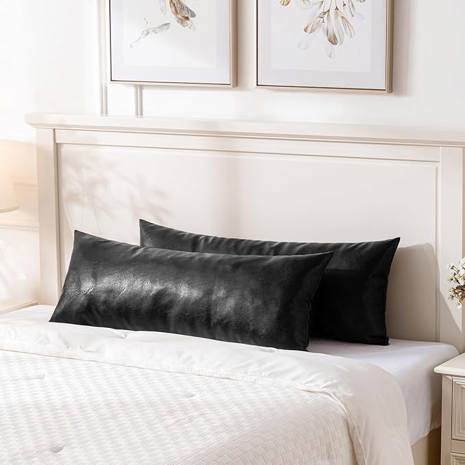 Fancy Homi Black Boho Long Lumbar Faux Leather Body Decorative Throw Pillow Cover 14x36 Inch for Bedroom Couch Bed Sofa Bench, Thick Stylish Solid Square PillowCase, Rustic Modern Farmhouse Room Decor