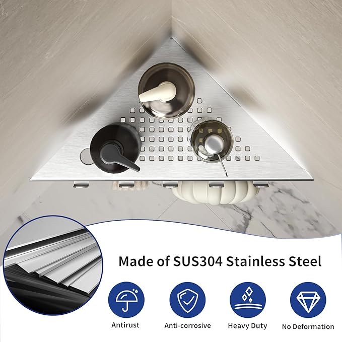 Grout in Shower Shelves with Hooks, 304 Stainless Steel Corner Bathroom Shelf for Tiled Wall (Brushed, 10'' x 10'')