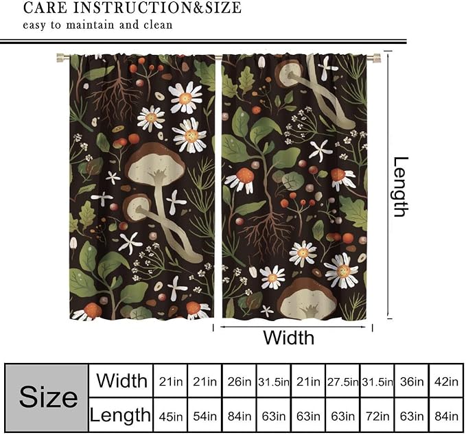 Rustic Mushroom Curtains, Vintage Woodland Wild Chamomile Flowers Mushroom Plants Leaves Print Blackout Window Drapes for Kitchen Bedroom Livingroom, 63" W X 72" L